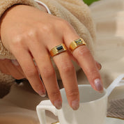 E.B.belle  Stainless Steel Texture Engraved Square Green Black Zircon Stone Ring Vintage Geometric Gold Rings For Women
