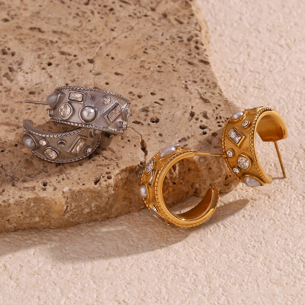 C-shaped Hoop Earrings with Pearl Geometric Rhinestone Silver Color 316L Stainless Steel Accessories 18K Gold Plated Jewelry